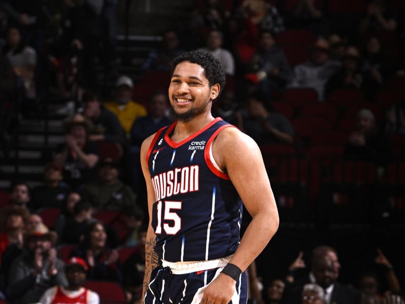 HOUSTON, TX - FEBRUARY 3: Daishen Nix #15 of the Houston Rockets smiles after a play during the game against the Toronto Raptors on February 3, 2023 at the Toyota Center in Houston, Texas. NOTE TO USER: User expressly acknowledges and agrees that, by downloading and or using this photograph, User is consenting to the terms and conditions of the Getty Images License Agreement. Mandatory Copyright Notice: Copyright 2023 NBAE (Photo by Logan Riely/NBAE via Getty Images)