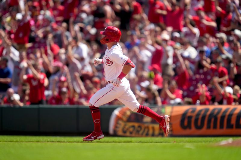 Jun 25, 2023; Cincinnati, Ohio, USA; Cincinnati Reds second baseman Matt McLain (9) rounds the bases after hitting a home run in the seventh inning of a baseball game against the Atlanta Braves at Great American Ball Park. The Atlanta Braves won, 7-6. Mandatory Credit: Kareem Elgazzar-USA TODAY Sports