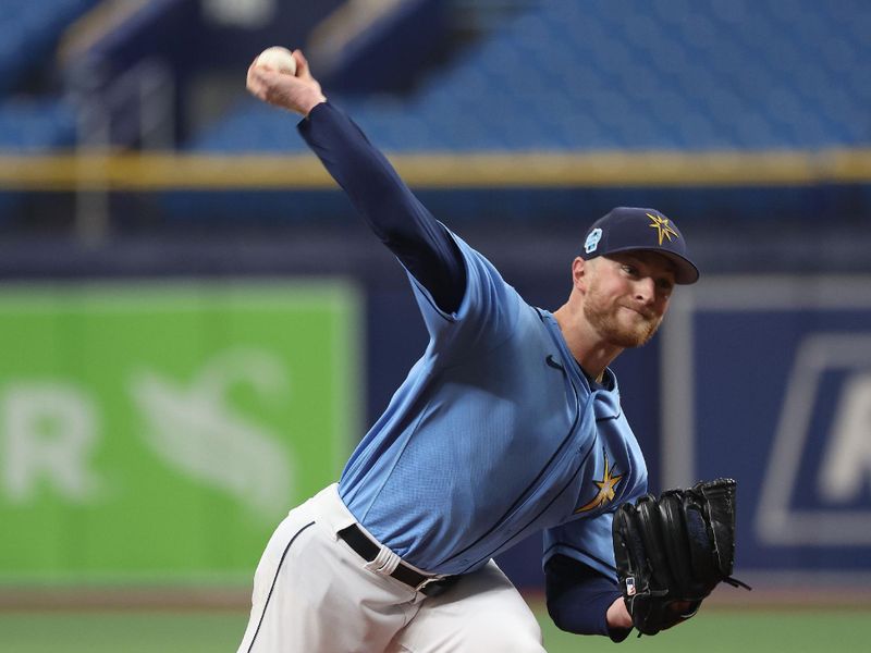 Mar 19, 2023; St. Petersburg, Florida, USA; Tampa Bay Rays starting pitcher Drew Rasmussen (57) throws a pitch during the first inning against the Toronto Blue Jays at Tropicana Field. Mandatory Credit: Kim Klement-USA TODAY Sports