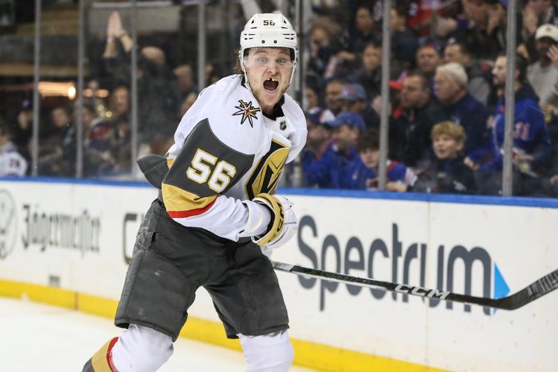 Jan 26, 2024; New York, New York, USA; Vegas Golden Knights right wing Sheldon Rempal (56) celebrates after scoring a goal in the first period against the New York Rangers at Madison Square Garden. Mandatory Credit: Wendell Cruz-USA TODAY Sports