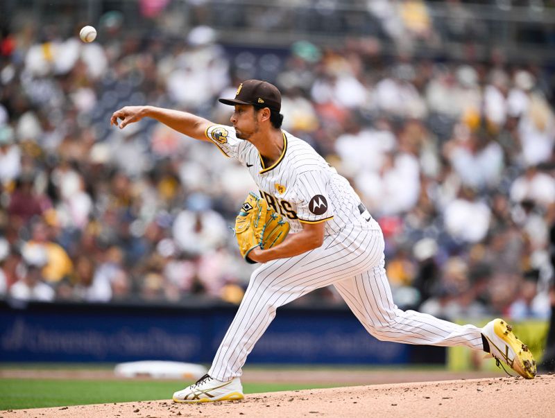 May 29, 2024; San Diego, California, USA; San Diego Padres pitcher Yu Darvish (11) pitches during the second inning against the Miami Marlins at Petco Park. Mandatory Credit: Denis Poroy-USA TODAY Sports