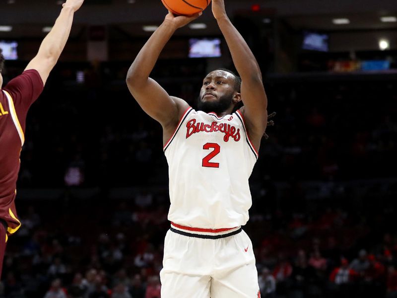 Dec 3, 2023; Columbus, Ohio, USA;  Ohio State Buckeyes guard Bruce Thornton (2) takes the jump shot over Minnesota Golden Gophers guard Mike Mitchell Jr. (2) during the second half at Value City Arena. Mandatory Credit: Joseph Maiorana-USA TODAY Sports