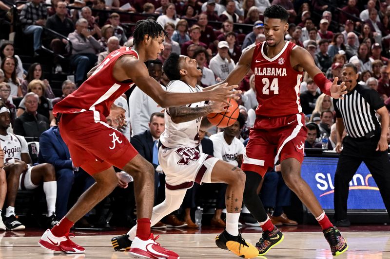 Mar 4, 2023; College Station, Texas, USA; Texas A&M Aggies guard Wade Taylor IV (4) is doubled teamed by Alabama Crimson Tide forwards Brandon Miller (24) and Noah Clowney (15) during the second half at Reed Arena. Mandatory Credit: Maria Lysaker-USA TODAY Sports