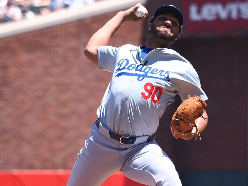 Jun 30, 2024; San Francisco, California, USA; Los Angeles Dodgers relief pitcher Michael Peterson (90) pitches the ball against the San Francisco Giants during the fifth inning at Oracle Park. Mandatory Credit: Kelley L Cox-USA TODAY Sports