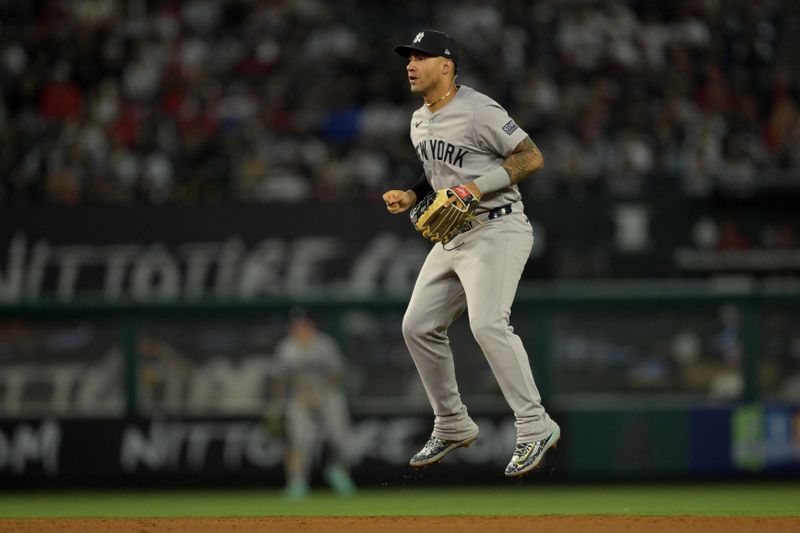 May 30, 2024; Anaheim, California, USA;  New York Yankees second baseman Gleyber Torres (25) gets set in the seventh inning against the Los Angeles Angels at Angel Stadium. Mandatory Credit: Jayne Kamin-Oncea-USA TODAY Sports