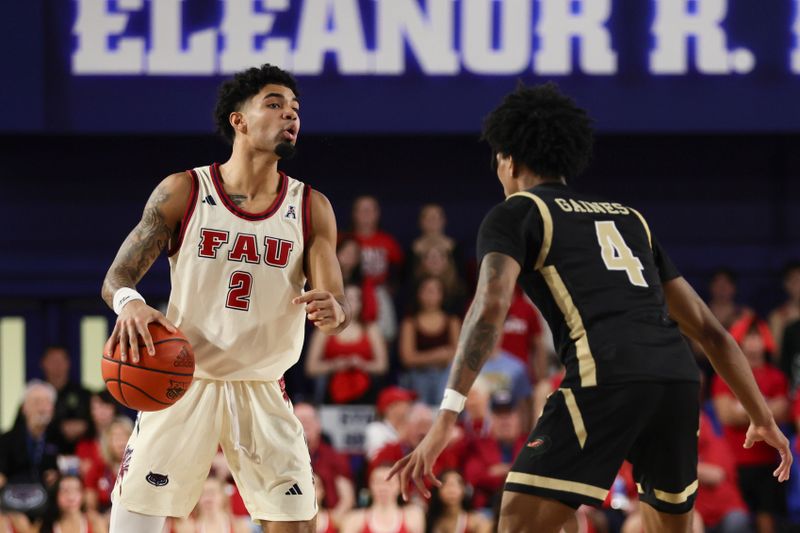 oJan 14, 2024; Boca Raton, Florida, USA; Florida Atlantic Owls guard Nicholas Boyd (2) dribbles the basketball as UAB Blazers guard Eric Gaines (4) defends during the second half at Eleanor R. Baldwin Arena. Mandatory Credit: Sam Navarro-USA TODAY Sports