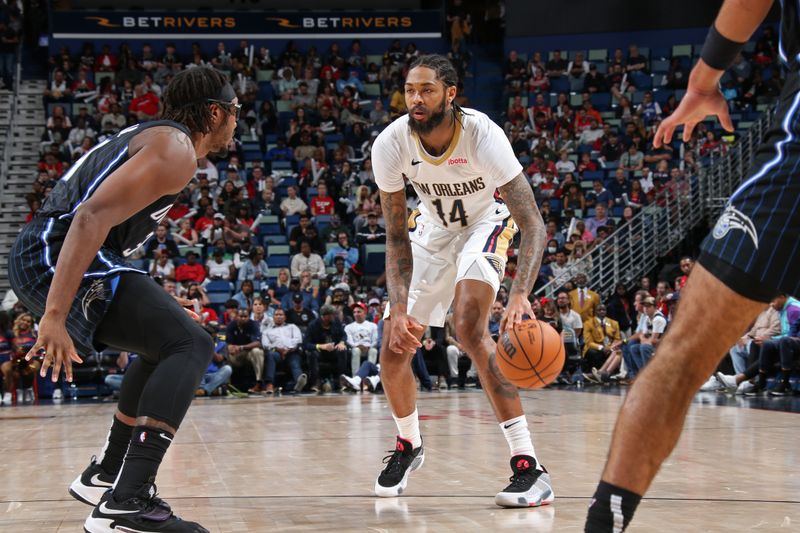 NEW ORLEANS, LA - OCTOBER 10: Brandon Ingram #14 of the New Orleans Pelicans dribbles the ball during the game against the Orlando Magic on October 10, 2023 at the Smoothie King Center in New Orleans, Louisiana. NOTE TO USER: User expressly acknowledges and agrees that, by downloading and or using this Photograph, user is consenting to the terms and conditions of the Getty Images License Agreement. Mandatory Copyright Notice: Copyright 2023 NBAE (Photo by Layne Murdoch Jr./NBAE via Getty Images)