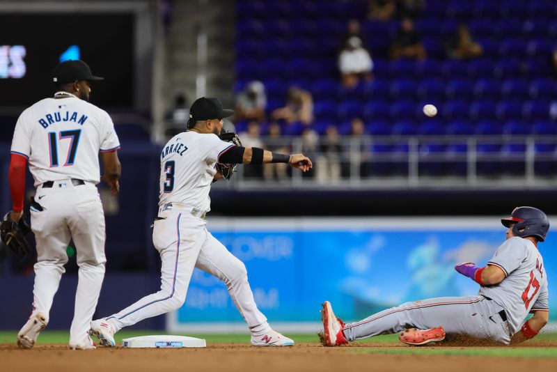 Apr 29, 2024; Miami, Florida, USA; Miami Marlins second baseman Luis Arraez (3) throws to first base but cannot complete a double play as Washington Nationals outfielder Alex Call (17) is retired at second base during the seventh inning at loanDepot Park. Mandatory Credit: Sam Navarro-USA TODAY Sports