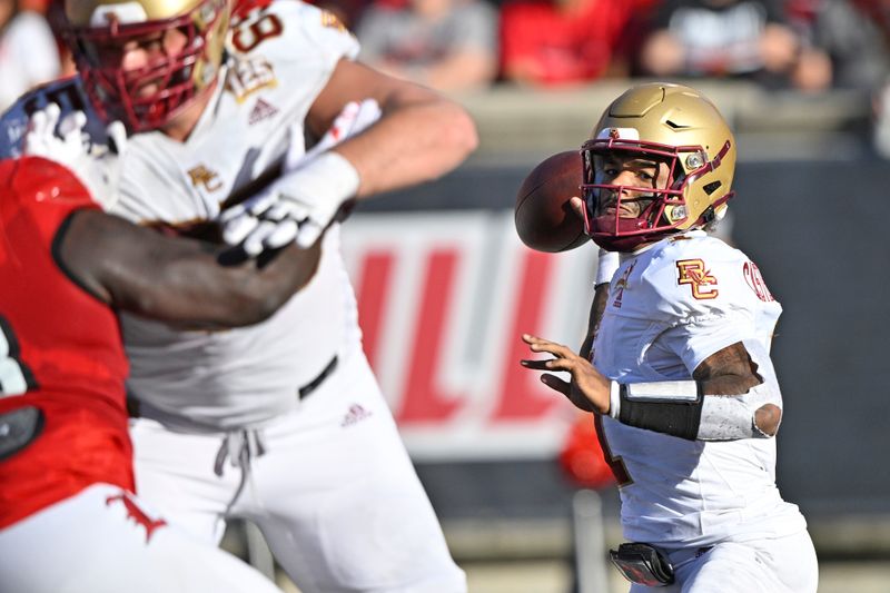 Sep 23, 2023; Louisville, Kentucky, USA;  Boston College Eagles quarterback Thomas Castellanos (1) looks to pass against the Louisville Cardinals during the second half at L&N Federal Credit Union Stadium. Louisville defeated Boston College 56-28. Mandatory Credit: Jamie Rhodes-USA TODAY Sports