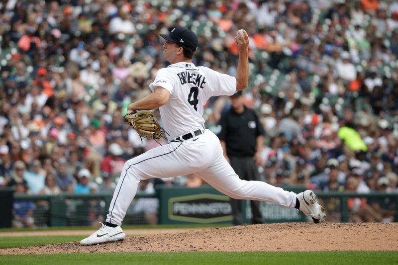 Jul 23, 2023; Detroit, Michigan, USA; Detroit Tigers pitcher Beau Brieske (4) pitches during the seventh inning if the game against the San Diego Padres at Comerica Park. Mandatory Credit: Brian Bradshaw Sevald-USA TODAY Sports