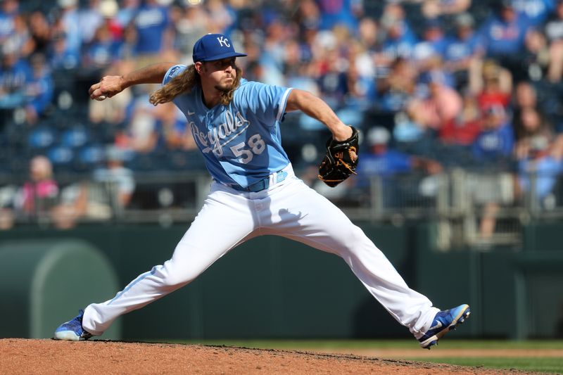 Jun 17, 2023; Kansas City, Missouri, USA; Kansas City Royals relieve pitcher Scott Barlow (58) pitches during the eighth inning of a game against the Los Angeles Angels at Kauffman Stadium. Mandatory Credit: Scott Sewell-USA TODAY Sports