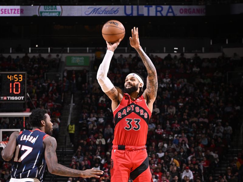 HOUSTON, TX - FEBRUARY 3: Gary Trent Jr. #33 of the Toronto Raptors shoots a three point basket during the game against the Houston Rockets on February 3, 2023 at the Toyota Center in Houston, Texas. NOTE TO USER: User expressly acknowledges and agrees that, by downloading and or using this photograph, User is consenting to the terms and conditions of the Getty Images License Agreement. Mandatory Copyright Notice: Copyright 2023 NBAE (Photo by Logan Riely/NBAE via Getty Images)