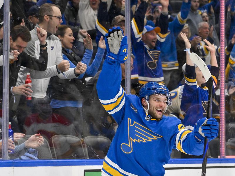 Nov 11, 2025; St. Louis, Missouri, USA; St. Louis Blues left wing Nathan Walker (26) reacts after scoring against the Calgary Flames during the second period at Enterprise Center. Mandatory Credit: Jeff Curry-Imagn Images