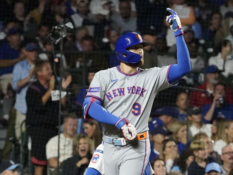 Sep 23, 2025; Chicago, Illinois, USA; New York Mets outfielder Brandon Nimmo (9) reacts after hitting a three-run home run against the Chicago Cubs during the fifth inning at Wrigley Field. Mandatory Credit: David Banks-Imagn Images
