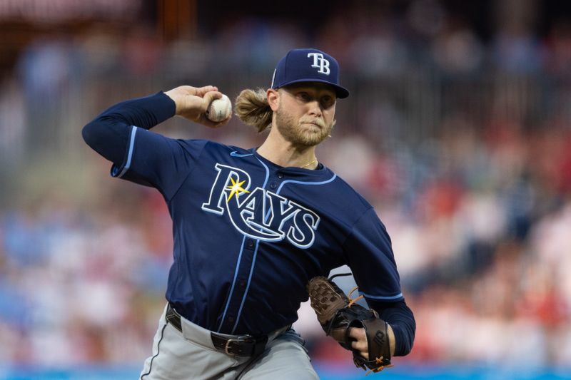 Sep 11, 2024; Philadelphia, Pennsylvania, USA; Tampa Bay Rays pitcher Shane Baz (11) throws a pitch during the first inning against the Philadelphia Phillies at Citizens Bank Park. Mandatory Credit: Bill Streicher-Imagn Images