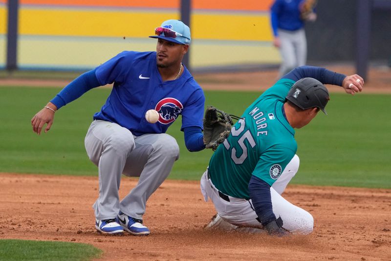 Mar 24, 2024; Peoria, Arizona, USA; Seattle Mariners left fielder Dylan Moore (25) steals second-base in front of Chicago Cubs shortstop Luis Vazquez (77) in the first inning at Peoria Sports Complex. Mandatory Credit: Rick Scuteri-USA TODAY Sports