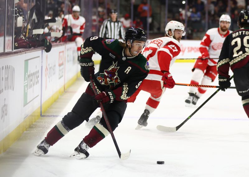 Jan 17, 2023; Tempe, Arizona, USA; Arizona Coyotes right wing Clayton Keller (9) against the Detroit Red Wings in the first period at Mullett Arena. Mandatory Credit: Mark J. Rebilas-USA TODAY Sports
