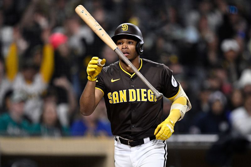 Mar 25, 2024; San Diego, California, USA; San Diego Padres right fielder Jose Azocar (28) reacts after striking out to end the eighth inning against the Seattle Mariners at Petco Park. Mandatory Credit: Orlando Ramirez-USA TODAY Sports