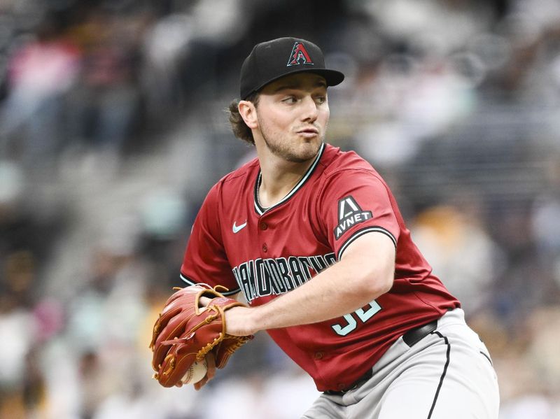 Jun 7, 2024; San Diego, California, USA; Arizona Diamondbacks starting pitcher Brandon Pfaadt (32) delivers during the first inning against the San Diego Padres at Petco Park. Mandatory Credit: Denis Poroy-USA TODAY Sports at Petco Park. 