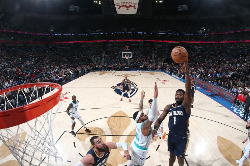 NEW ORLEANS, LA - JANUARY 17: Zion Williamson #1 of the New Orleans Pelicans shoots the ball during the game against the Charlotte Hornets on January 17, 2024 at the Smoothie King Center in New Orleans, Louisiana. NOTE TO USER: User expressly acknowledges and agrees that, by downloading and or using this Photograph, user is consenting to the terms and conditions of the Getty Images License Agreement. Mandatory Copyright Notice: Copyright 2024 NBAE (Photo by Layne Murdoch Jr./NBAE via Getty Images)