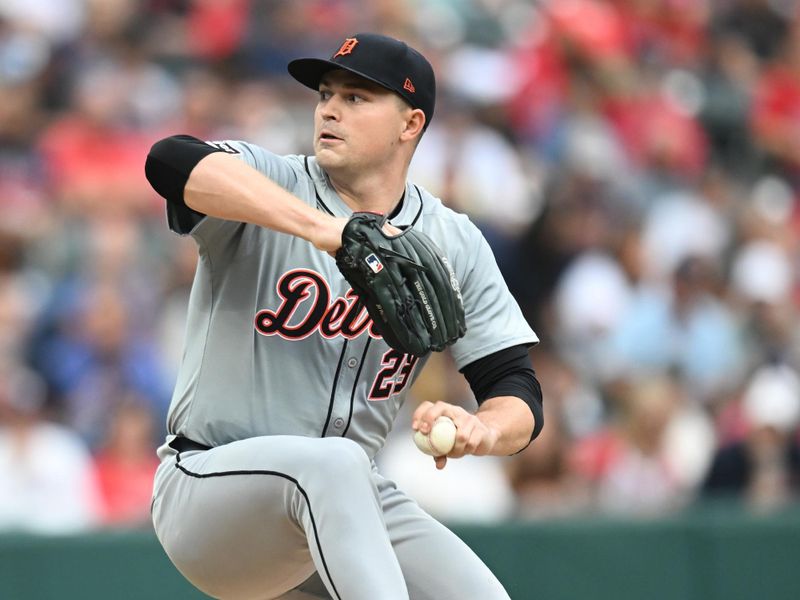 Jul 22, 2024; Cleveland, Ohio, USA; Detroit Tigers starting pitcher Tarik Skubal (29) throws a pitch during the first inning against the Cleveland Guardians at Progressive Field. Mandatory Credit: Ken Blaze-USA TODAY Sports