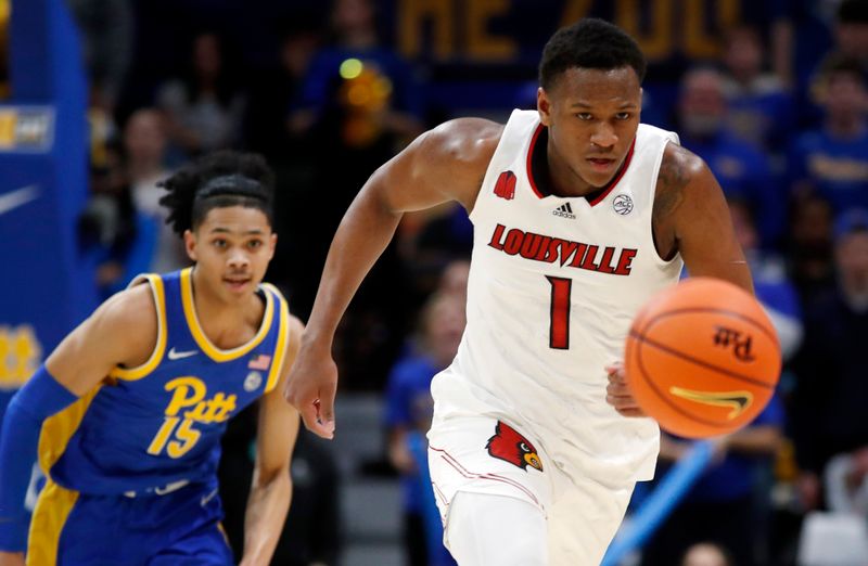 Feb 17, 2024; Pittsburgh, Pennsylvania, USA;  Louisville Cardinals guard Curtis Williams (1) chases  loose ball ahead of Pittsburgh Panthers guard Jaland Lowe (15) during the first half at the Petersen Events Center. Pittsburgh won 86-59. Mandatory Credit: Charles LeClaire-USA TODAY Sports