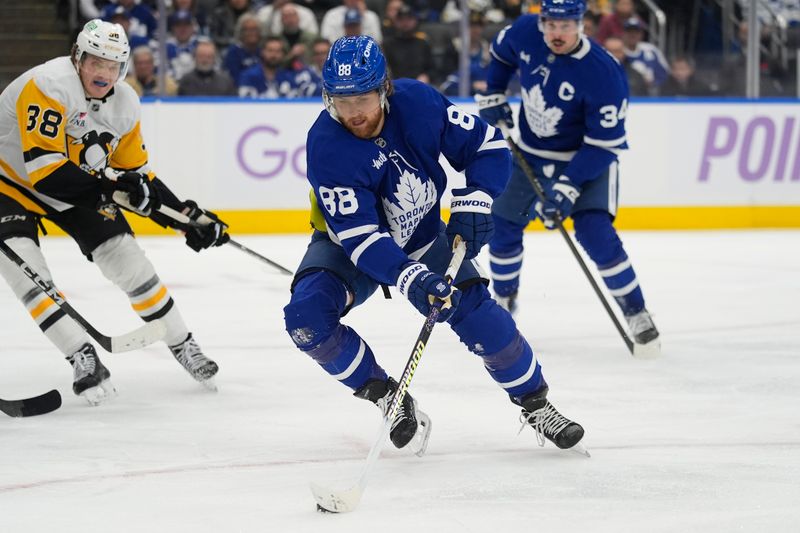 Nov 3, 2025; Toronto, Ontario, CAN; Toronto Maple Leafs forward William Nylander (88) scores against the Pittsburgh Penguins during the third period at Scotiabank Arena. Mandatory Credit: John E. Sokolowski-Imagn Images