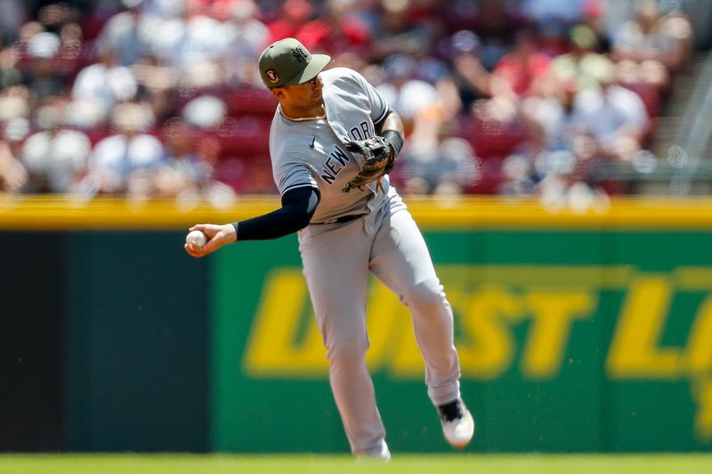 May 21, 2023; Cincinnati, Ohio, USA; New York Yankees third baseman DJ LeMahieu (26) throws to first to get Cincinnati Reds shortstop Matt McLain (not pictured) out in the sixth inning at Great American Ball Park. Mandatory Credit: Katie Stratman-USA TODAY Sports