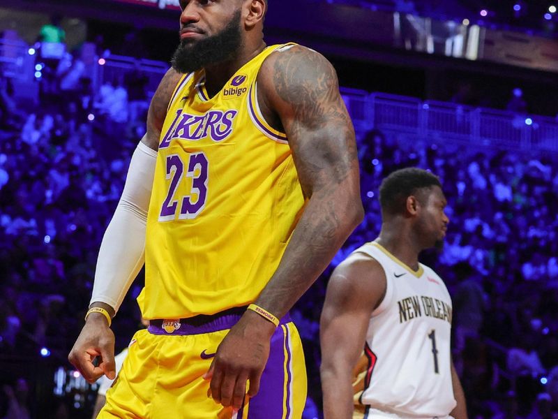 LAS VEGAS, NEVADA - DECEMBER 07: LeBron James #23 of the Los Angeles Lakers flexes after scoring and drawing a foul against the New Orleans Pelicans in the first half of the West semifinal game of the inaugural NBA In-Season Tournament at T-Mobile Arena on December 07, 2023 in Las Vegas, Nevada. The Lakers defeated the Pelicans 133-89. NOTE TO USER: User expressly acknowledges and agrees that, by downloading and or using this photograph, User is consenting to the terms and conditions of the Getty Images License Agreement.  (Photo by Ethan Miller/Getty Images)