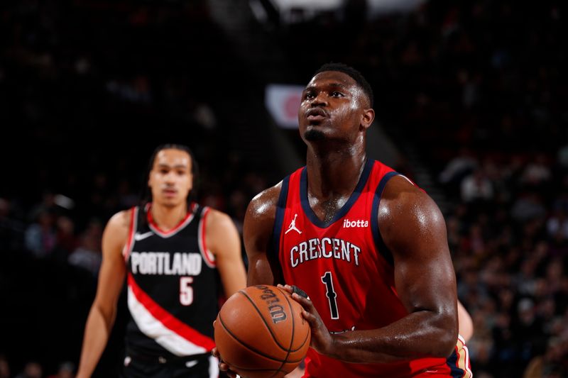 PORTLAND, OR - APRIL 9: Zion Williamson #1 of the New Orleans Pelicans prepares to shoot a free throw during the game against the Portland Trail Blazers on April 9, 2024 at the Moda Center Arena in Portland, Oregon. NOTE TO USER: User expressly acknowledges and agrees that, by downloading and or using this photograph, user is consenting to the terms and conditions of the Getty Images License Agreement. Mandatory Copyright Notice: Copyright 2024 NBAE (Photo by Cameron Browne/NBAE via Getty Images)