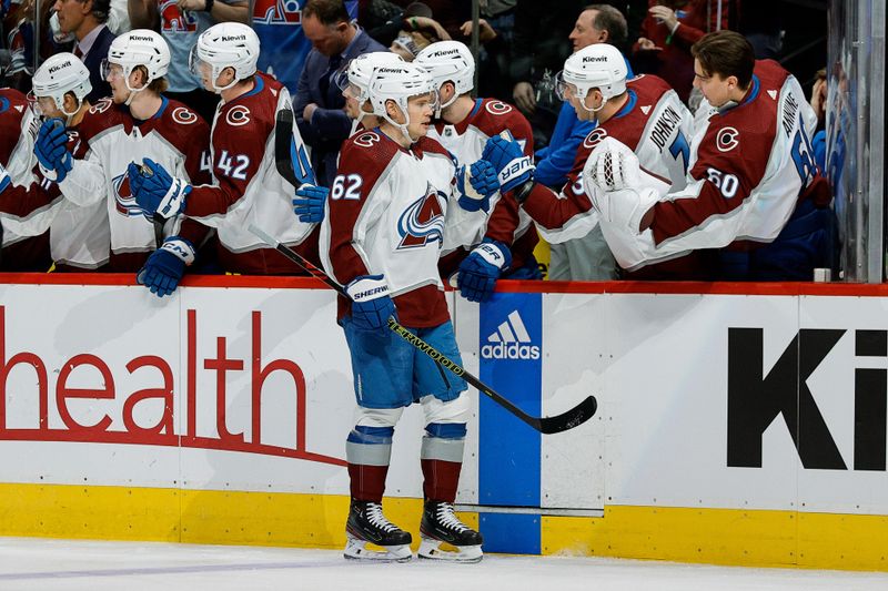 Feb 24, 2024; Denver, Colorado, USA; Colorado Avalanche left wing Artturi Lehkonen (62) celebrates with the bench after his goal in the first period against the Toronto Maple Leafs at Ball Arena. Mandatory Credit: Isaiah J. Downing-USA TODAY Sports