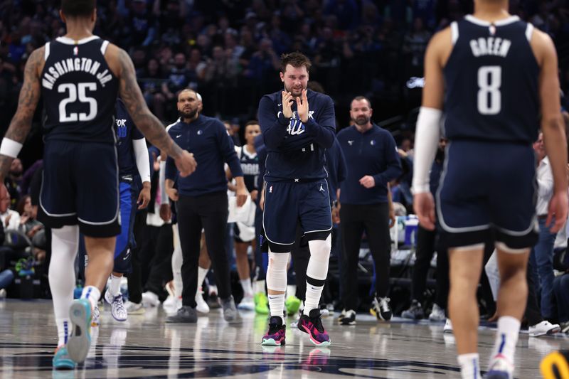 DALLAS, TX - April 26:  Luka Doncic #77 of the Dallas Mavericks reacts against the LA Clippers during Round 1 Game 3 of the 2024 NBA Playoffs on April 26, 2024 at the American Airlines Center in Dallas, Texas. NOTE TO USER: User expressly acknowledges and agrees that, by downloading and or using this photograph, User is consenting to the terms and conditions of the Getty Images License Agreement. Mandatory Copyright Notice: Copyright 2024 NBAE (Photo by Tim Heitman/NBAE via Getty Images)