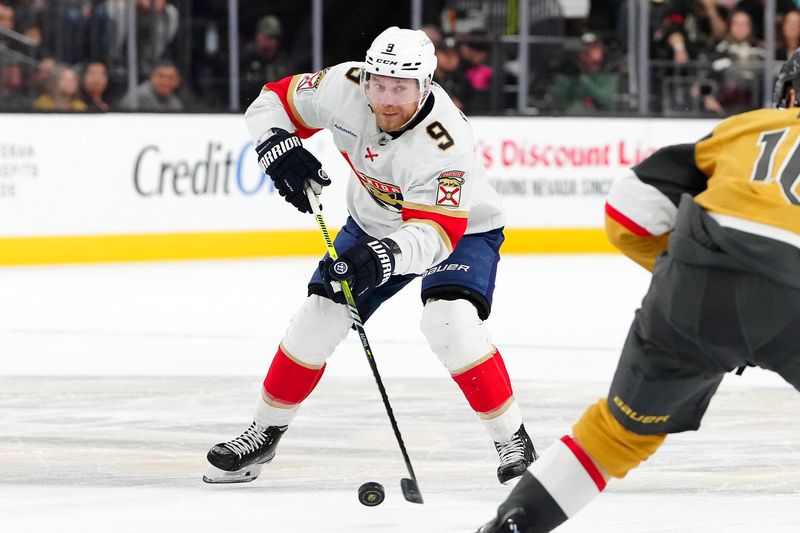 Jan 4, 2024; Las Vegas, Nevada, USA; Florida Panthers center Sam Bennett (9) skates against the Vegas Golden Knights during the first period at T-Mobile Arena. Mandatory Credit: Stephen R. Sylvanie-USA TODAY Sports