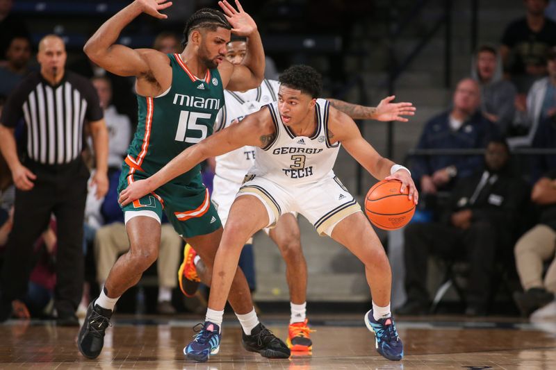 Jan 4, 2023; Atlanta, Georgia, USA; Georgia Tech Yellow Jackets guard Dallan Coleman (3) is defended by Miami Hurricanes forward Norchad Omier (15) in the second half at McCamish Pavilion. Mandatory Credit: Brett Davis-USA TODAY Sports