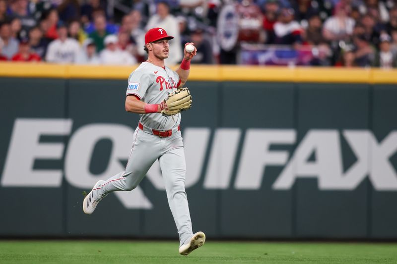 Apr 10, 2025; Atlanta, Georgia, USA; Philadelphia Phillies left fielder Max Kepler (17) after a catch against the Atlanta Braves in the fifth inning at Truist Park. Mandatory Credit: Brett Davis-Imagn Images
