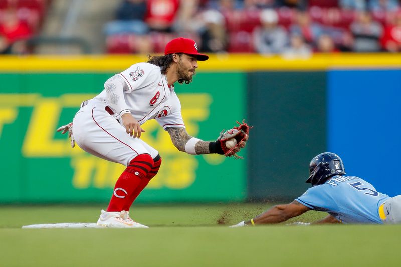 Apr 18, 2023; Cincinnati, Ohio, USA; Cincinnati Reds second baseman Jonathan India (6) tags Tampa Bay Rays shortstop Wander Franco (5) out at second in the fourth inning at Great American Ball Park. Mandatory Credit: Katie Stratman-USA TODAY Sports