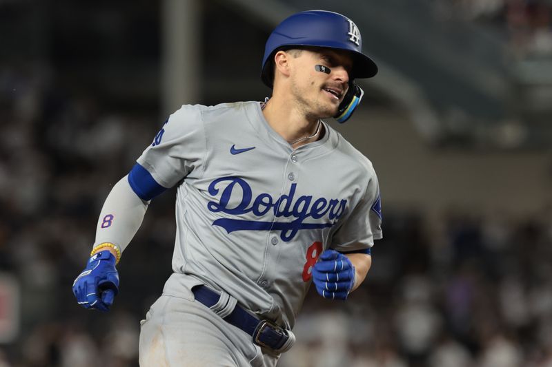 Jun 8, 2024; Bronx, New York, USA; Los Angeles Dodgers third baseman Enrique Hernandez (8) rounds the bases after his solo home run during the fifth inning against the New York Yankees at Yankee Stadium. Mandatory Credit: Vincent Carchietta-USA TODAY Sports