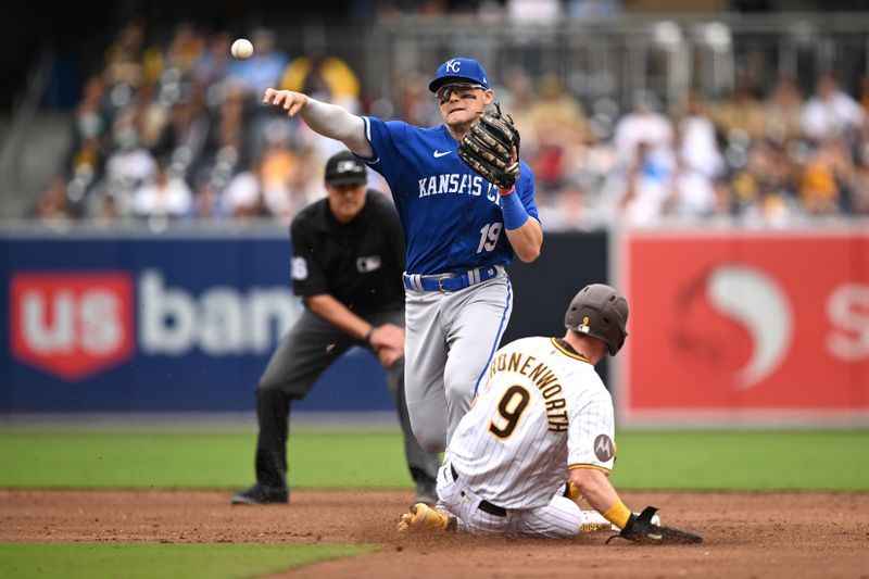 May 17, 2023; San Diego, California, USA; Kansas City Royals second baseman Michael Massey (19) throws to first base after forcing out San Diego Padres first baseman Jake Cronenworth (9) at second base to complete a double play during the third inning at Petco Park. Mandatory Credit: Orlando Ramirez-USA TODAY Sports