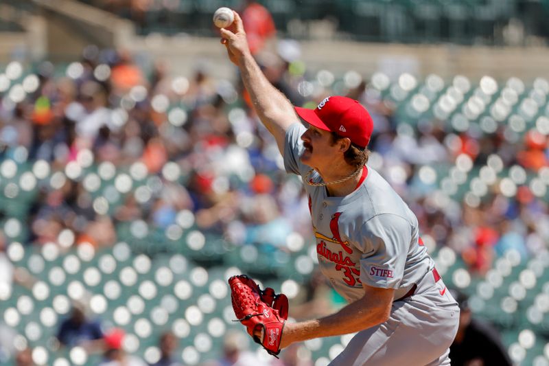 May 1, 2024; Detroit, Michigan, USA; St. Louis Cardinals starting pitcher Miles Mikolas (39) pitches in the first inning against the Detroit Tigers at Comerica Park. Mandatory Credit: Rick Osentoski-USA TODAY Sports