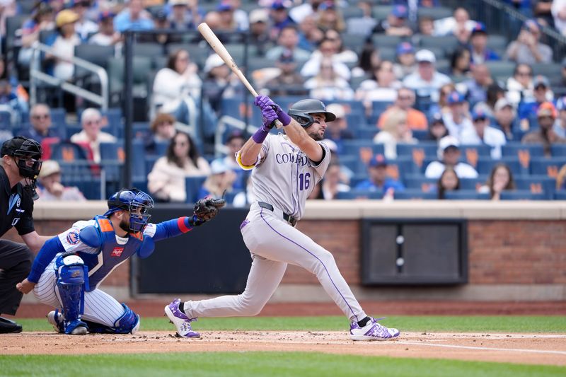 Jun 1, 2025; New York City, New York, USA; Colorado Rockies center fielder Sam Hilliard (16) hits a single against the New York Mets during the first inning at Citi Field. Mandatory Credit: Gregory Fisher-Imagn Images