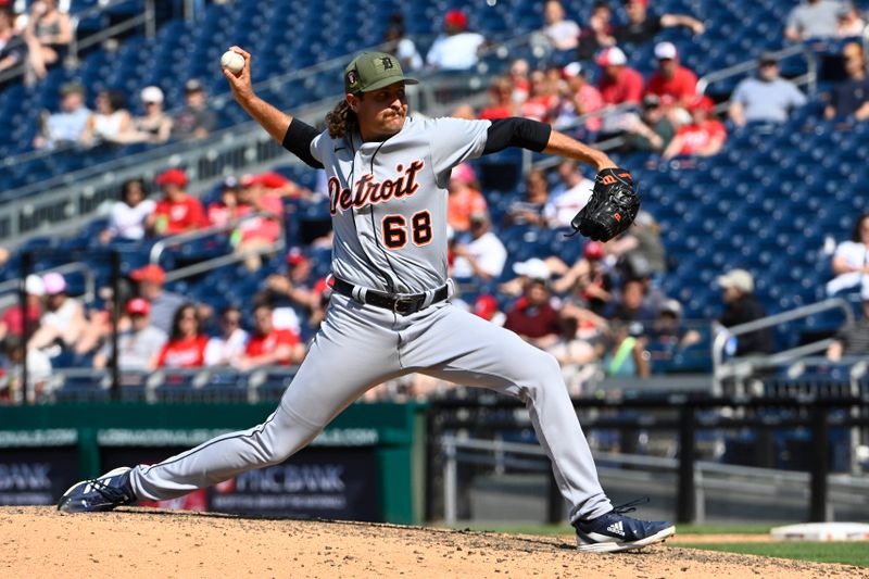 May 21, 2023; Washington, District of Columbia, USA; Detroit Tigers relief pitcher Jason Foley (68) throws to the Washington Nationalsduring the eighth inning at Nationals Park. Mandatory Credit: Brad Mills-USA TODAY Sports