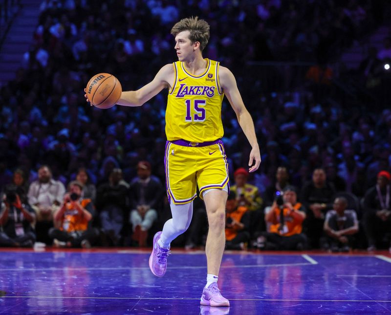 LAS VEGAS, NEVADA - DECEMBER 09: Austin Reaves #15 of the Los Angeles Lakers brings the ball up the court against the Indiana Pacers in the second quarter of the championship game of the inaugural NBA In-Season Tournament at T-Mobile Arena on December 09, 2023 in Las Vegas, Nevada. The Lakers defeated the Pacers 123-109. NOTE TO USER: User expressly acknowledges and agrees that, by downloading and or using this photograph, User is consenting to the terms and conditions of the Getty Images License Agreement. (Photo by Ethan Miller/Getty Images)