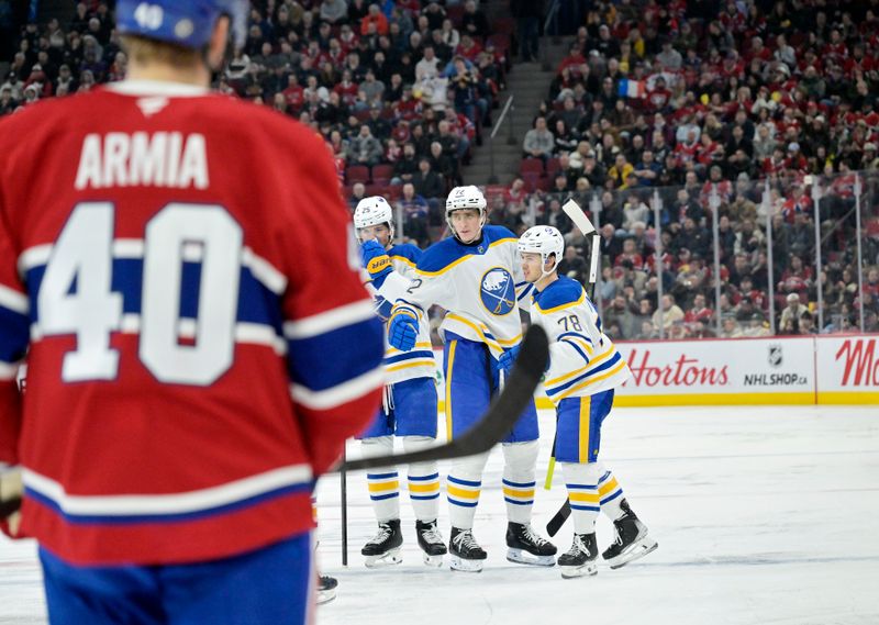 Mar 3, 2025; Montreal, Quebec, CAN; Buffalo Sabres forward Tage Thompson (72) celebrates with teammates after scoring a goal against the Montreal Canadiens during the third period at the Bell Centre. Mandatory Credit: Eric Bolte-Imagn Images