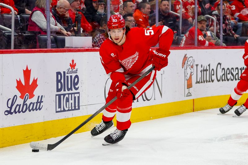 Mar 19, 2024; Detroit, Michigan, USA; Detroit Red Wings defenseman Moritz Seider (53) handles the puck during the first period of the game against the Columbus Blue Jackets at Little Caesars Arena. Mandatory Credit: Brian Bradshaw Sevald-USA TODAY Sports