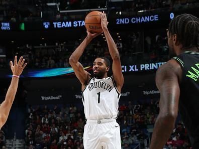 NEW ORLEANS, LA - JANUARY 2: Mikal Bridges #1 of the Brooklyn Nets shoots the ball during the game against the New Orleans Pelicans on January 2, 2024 at the Smoothie King Center in New Orleans, Louisiana. NOTE TO USER: User expressly acknowledges and agrees that, by downloading and or using this Photograph, user is consenting to the terms and conditions of the Getty Images License Agreement. Mandatory Copyright Notice: Copyright 2024 NBAE (Photo by Layne Murdoch Jr./NBAE via Getty Images)