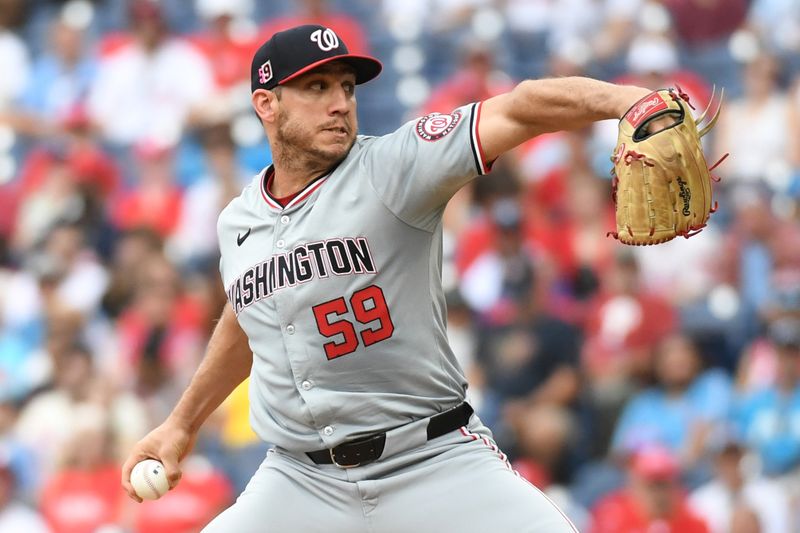 Aug 18, 2024; Philadelphia, Pennsylvania, USA; Washington Nationals pitcher Jacob Barnes (59) throws a pitch during the eighth inning at Citizens Bank Park. Mandatory Credit: Eric Hartline-USA TODAY Sports