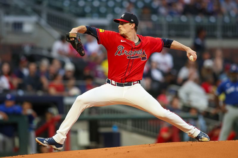 Sep 6, 2024; Atlanta, Georgia, USA; Atlanta Braves starting pitcher Max Fried (54) throws against the Toronto Blue Jays in the first inning at Truist Park. Mandatory Credit: Brett Davis-Imagn Images
