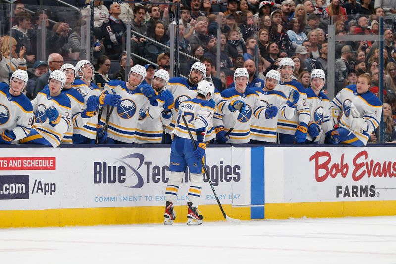 Apr 10, 2025; Columbus, Ohio, USA; Buffalo Sabres right wing John-Jason Peterka (77) celebrates his goal against the Columbus Blue Jackets during the first period at Nationwide Arena. Mandatory Credit: Russell LaBounty-Imagn Images