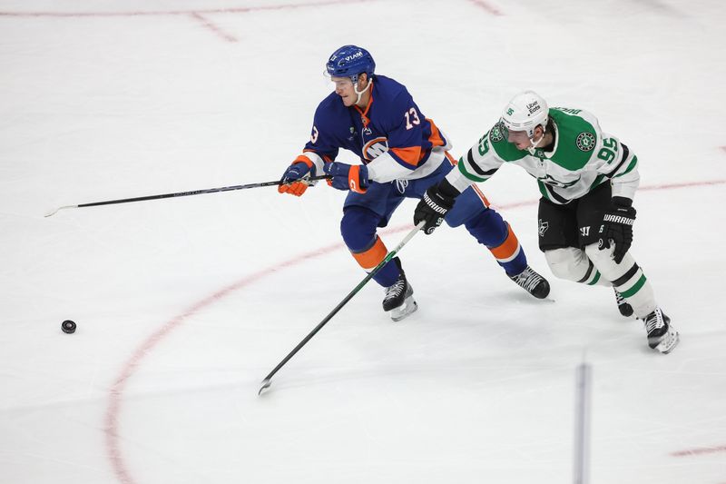 Mar 26, 2026; Elmont, New York, USA; New York Islanders center Mathew Barzal (13) and Dallas Stars center Matt Duchene (95) battle for control of the puck in the first period at UBS Arena. Mandatory Credit: Wendell Cruz-Imagn Images Mar 26, 2026; Elmont, New York, USA; New York Islanders center Mathew Barzal (13) and Dallas Stars center Matt Duchene (95) battle for control of the puck in the first period at UBS Arena. Mandatory Credit: Wendell Cruz-Imagn Images
