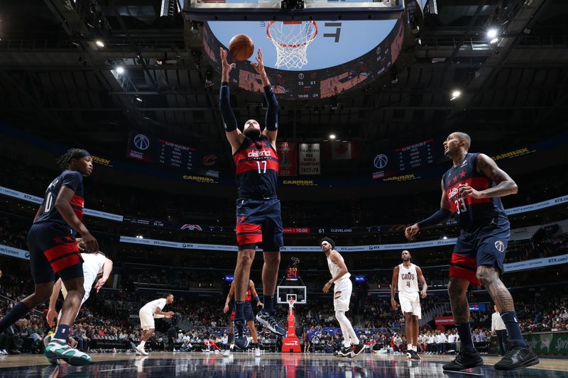 WASHINGTON, DC -? OCTOBER 26: Jonas Valanciunas #17 of the Washington Wizards goes up for the rebound during the game against the Cleveland Cavaliers on October 26, 2024 at Capital One Arena in Washington, DC. NOTE TO USER: User expressly acknowledges and agrees that, by downloading and or using this Photograph, user is consenting to the terms and conditions of the Getty Images License Agreement. Mandatory Copyright Notice: Copyright 2024 NBAE (Photo by Stephen Gosling/NBAE via Getty Images)